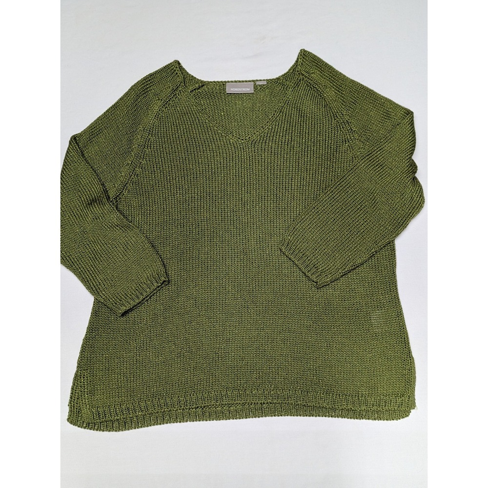 Nordstrom Olive Green Metallic V-Neck Raglan Knit Sweater WN64927 Shimmer Top